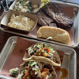 Brisket tacos, brisket with Jalapeno potato salad and apple kale slaw