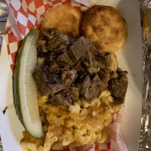 brisked beef and macaroni and cheese