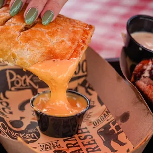 One of their meat pies with smoked cheese dipping sauce.