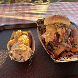 Brisork Sandwich with side of Loaded Mashed Potatoes