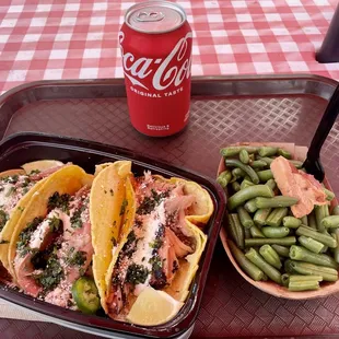 Pulled pork street tacos and green beans - heck yeah!