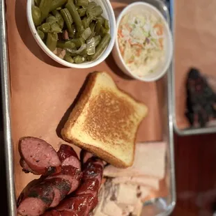 Turkey, Sausage, green beans, coleslaw