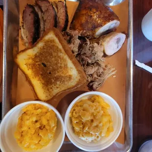 Mac and cheese with bbq chicken and brisket.  Had to ho back for more toast....DELICIOUS