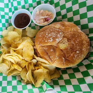 Puller pork sandwich w/ potato chips &amp; coleslaw (was a bit warm)