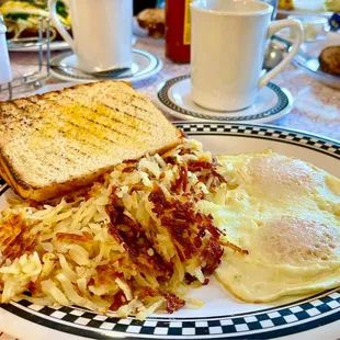Breakfast Platter - Eggs Over Medium, Hash Browns, Sourdough Toast &amp; Coffee