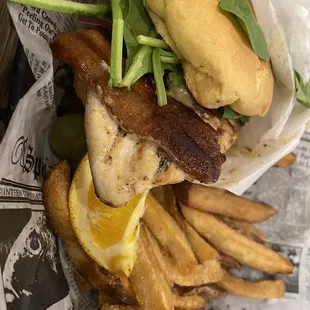 Cajun black and blue chicken sandwich with thick cut bacon