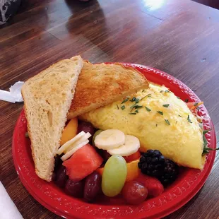Shrimp Omelet &amp; Fresh Fruit with Sourdough Toast