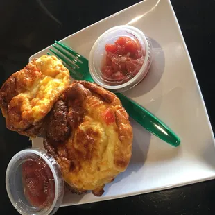 here is my bacon thing favorite with eggs and salsa and a fork to eat it