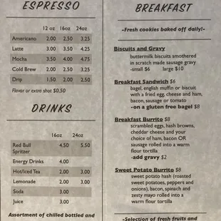 Drinks and Breakfast menu