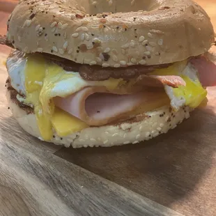 Delicious breakfast sandwich on an everything bagel!