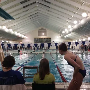 Pool side behind the blocks.