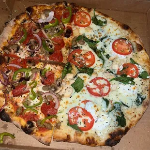 Half White Pizza with chicken and Half supreme pizza