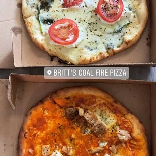 Buffalo chicken pizza and white pizza