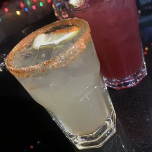 MEZCAL JABANERO MARGARITA W/ A HOUSE CAYENNE RIM & HIBISCUS PALOMA.