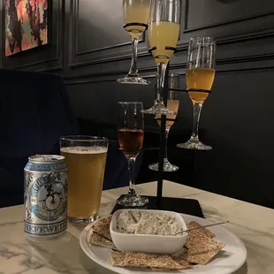 Hefeweizen, mimosa flight, and fish dip