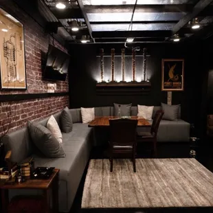 a living room with a couch and a table