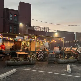 a group of people eating outside