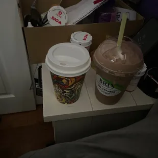 A Reese's pieces peanut butter shake with a hot peach mango tea