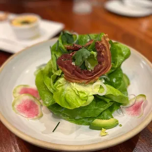 Butter lettuce salad with crisp pancetta