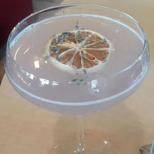 NA Lavender Lemonade. Dried lemon garnish.