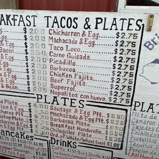 Part of drive thru menu