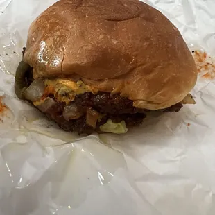 Atomic Burger with jalapeños.