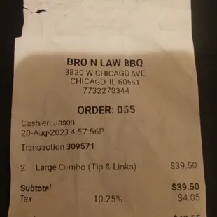 e shows a receipt for bro - n law bbq