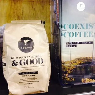 Coexist Coffee on the shelf at Broad Branch Market. Grab your bag and find out how coffee stopped a conflict.