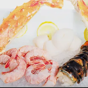 Selection of the freshest king crab legs,  true dry scallops, wild shrimp, cold water lobster
