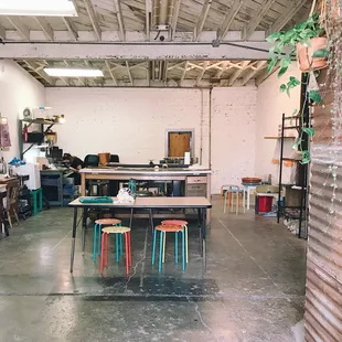 Studio 2 (next door to the main studio) houses our ceramics studio complete with two wheels, a kiln, a wedging table, clay, and tools.