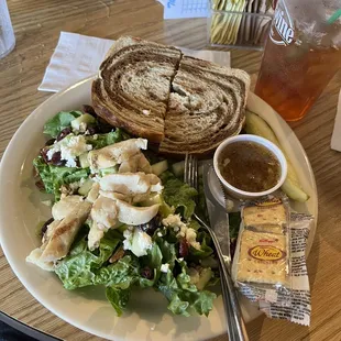 Summer salad &amp; roast beef, Brie, and plum sauce sandwich