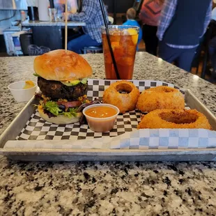 Veggie Burger, side of onion rings, Carolina Gold sauce, Iced Tea