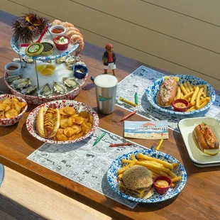 seafood party food drinks beer 
world famous lobster rolls
hot dog 
coke
hamburgers