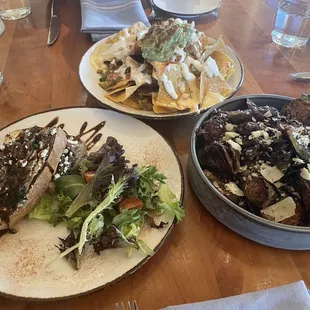 Mushroom toast, nachos, Brussel sprouts