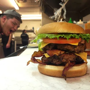This is a Triple Double. Broaddus Burger on ciabatta bun with double meat, double american cheese, and double bacon.