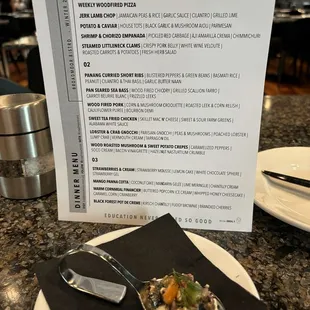 Dinner menu with a lovely vegetable sampling of cucumber, tomato, and goat cheese