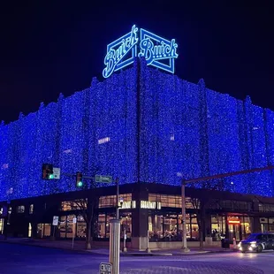 Exterior of the restaurant at Christmastime