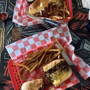 Bacon cheeseburger and Philly cheesesteak