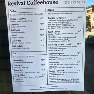 the menu for the coffeehouse