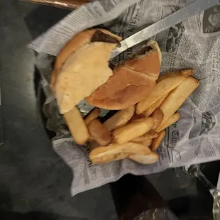 Dads plain cheeseburger with fries, he didn't like the fries very much but finished the burger