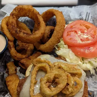 Chicken sandwich with onion rings