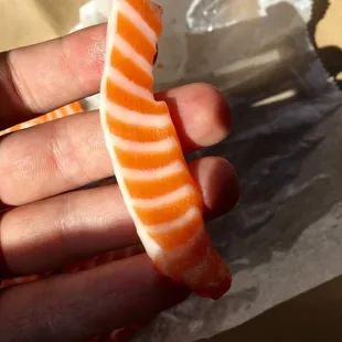 a person holding a piece of salmon