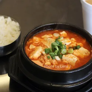 Soon Dubu ($12.55) without beef - spicy tofu stew with mixed seafood (usually comes with beef)