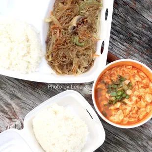 Takeout Soon Dooboo  ($11.35) and Japchae  ($11.35) - both come with rice