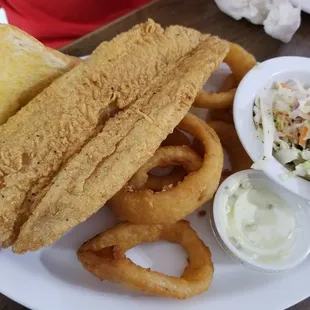 Fried catfish-tartar sauce, onion rings and coleslaw