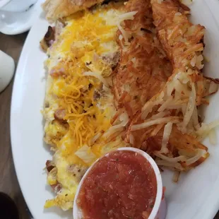 All meat omelette with hash browns white toast and salsa