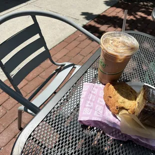 Coffee cake  Café mocha.  Holy chocolate chip cookies .  Those seats are surprisingly comfy!!