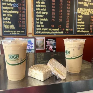 Irish cream lattes with a lemon cake and rice crispy treat