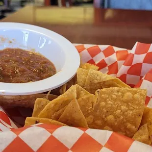 Chips and salsa. I sat near the door and don't recommend that spot because you get wind blown when people come in.