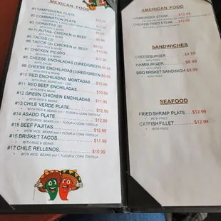 Food menu: Mexican food, American food, sandwiches, &amp; seafood.